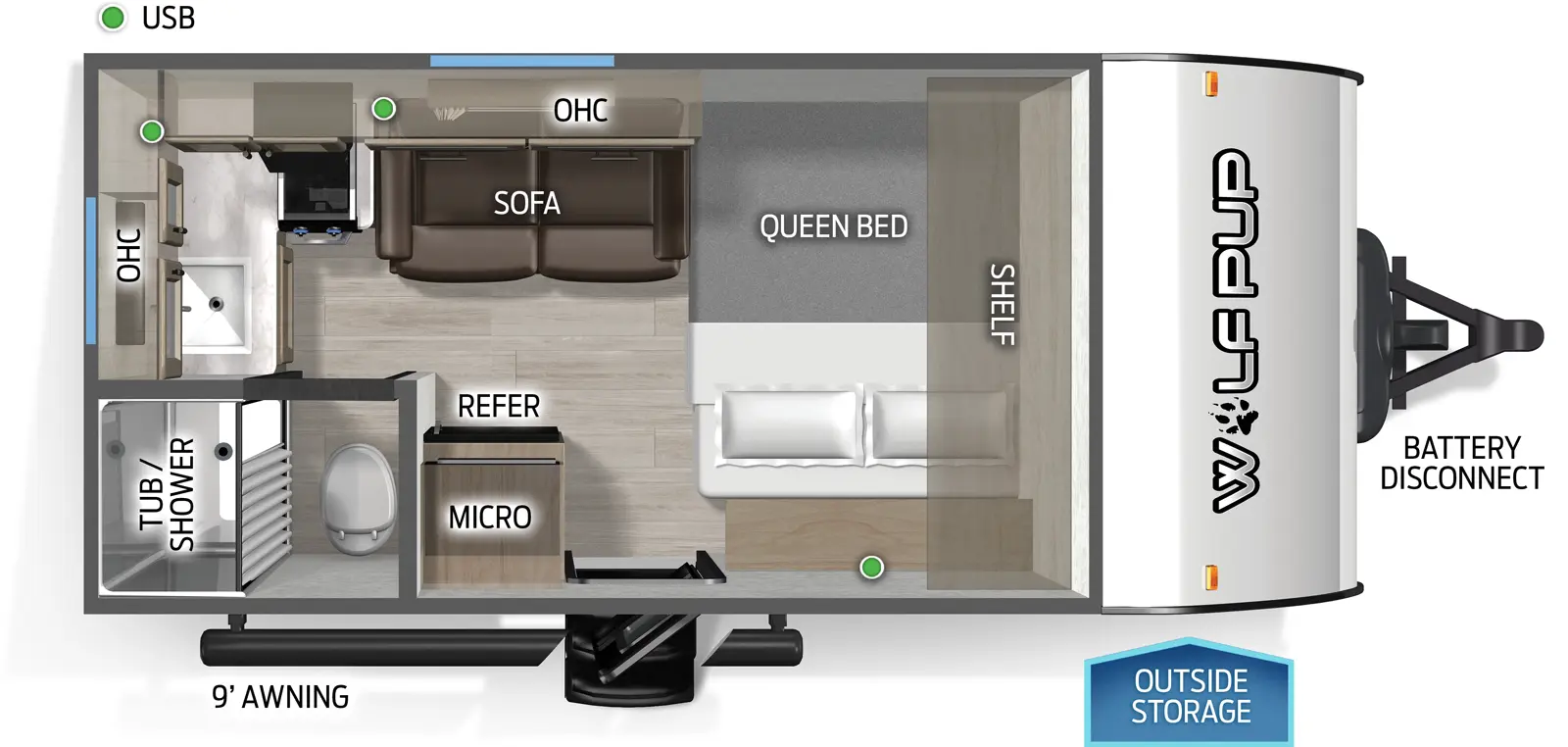 The Wolf Pup 14RKW floorplan has one entry and zero slide outs. Exterior features include: metal exterior and 9' awning. Interiors features include: front bedroom.